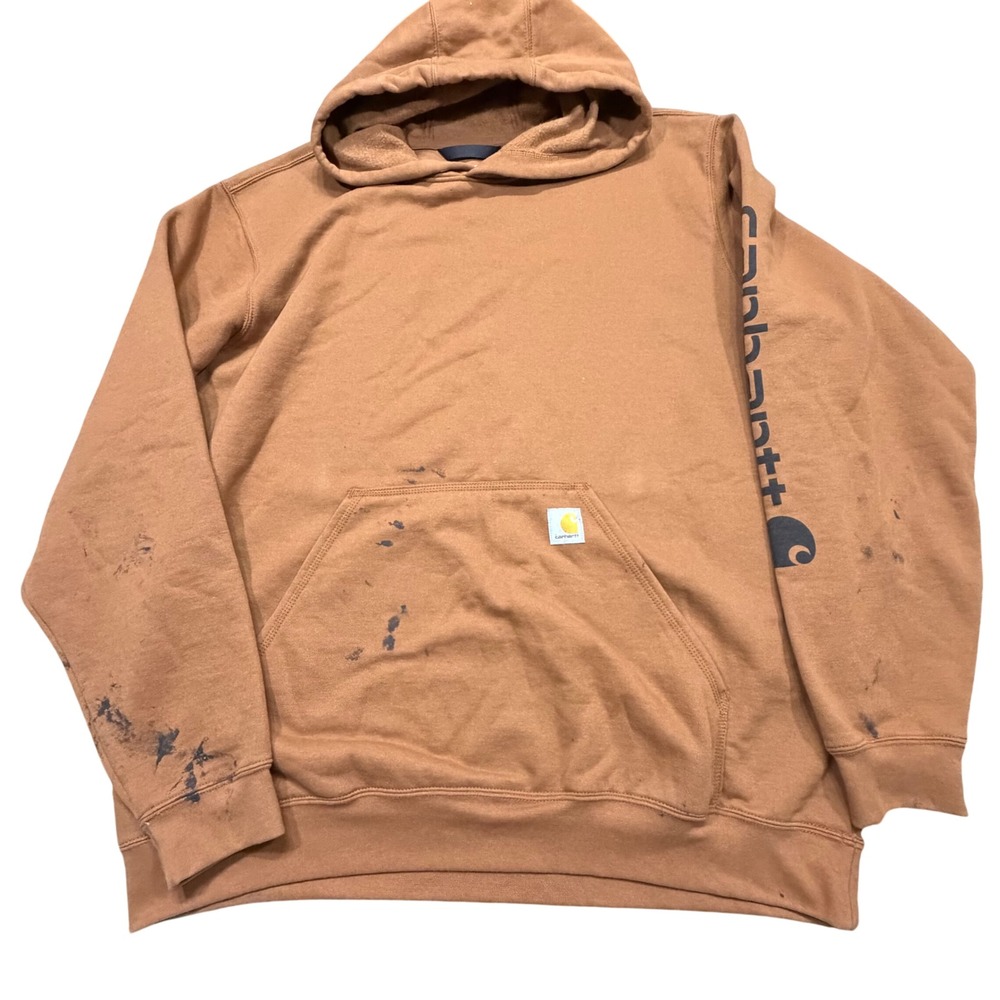 Carhartt Mens‎ K288 Logo Sleeve Hoodie Brown Midweight Pullover Distressed XL
